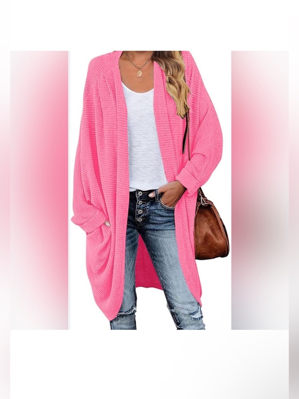 Hot Pink Waffle-Knit Open Cardigan Sweater Sz M